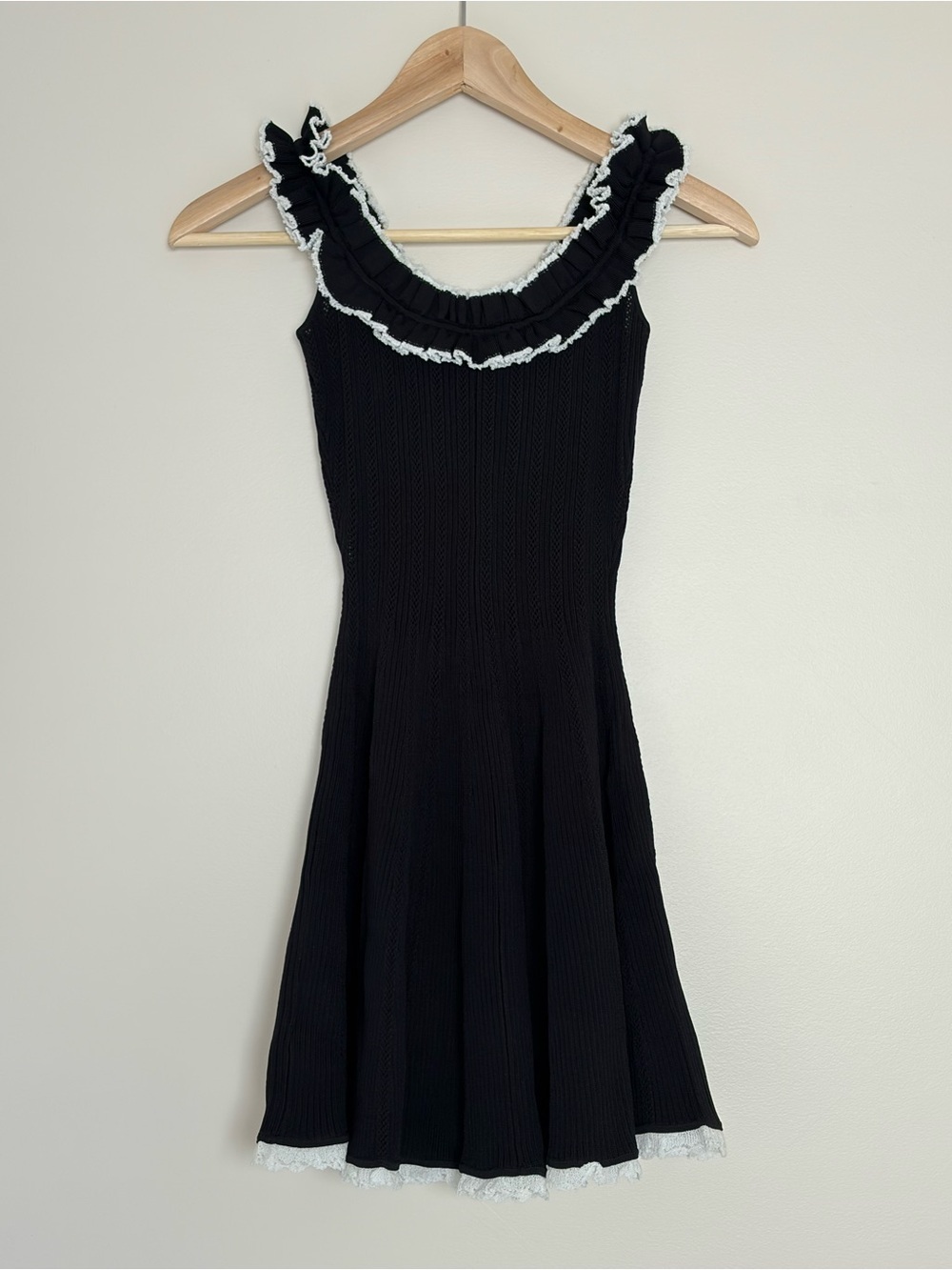 NEW Self-Portrait Black Contrast Trim Knit Mini Dress Ruffle Bow | US XS - Picture 7 of 14